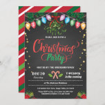 Christmas party holiday party chalkboard mistletoe invitation<br><div class="desc">[All text are editable,  except "christmas"]
Get this stylish design now!
Occasion: Christmas,  holiday party
Theme: Under the mistletoe
Style: modern,  chic,  cheerful,  fun
Colours: red,  white,  green,  festive colours,  faux gold 
Graphics: chalkboard background,  Christmas candy cane,  colourful Christmas string light,  mistletoe,  Christmas flower,  faux gold confetti</div>