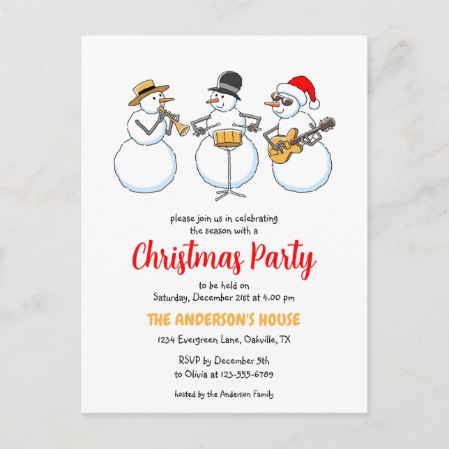 Christmas Party Holiday Season Snowmen Jazzband Invitation Postcard (Front)