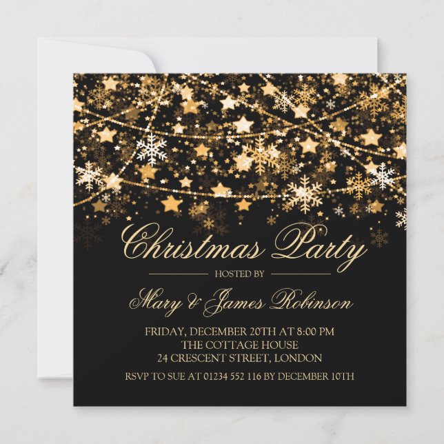 Christmas Party Holiday String Lights Gold Invitation (Front)