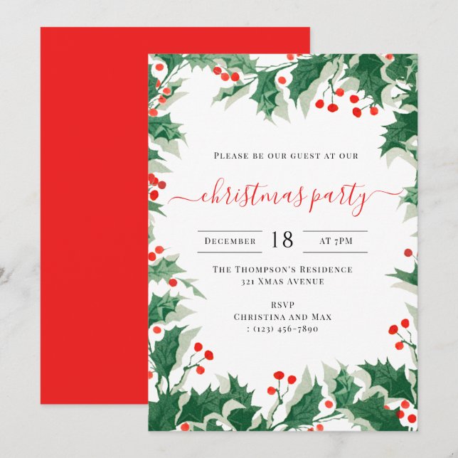 Christmas Party Holiday Watercolor Holly Berries Invitation (Front/Back)