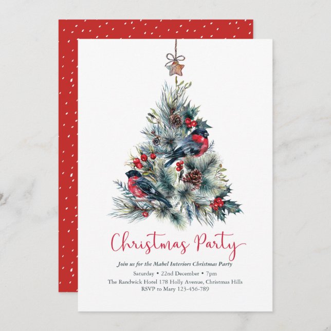 Christmas party Invitation | Bullfinch bird Tree (Front/Back)