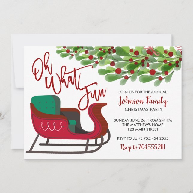 Christmas Party Invitation, oh what fun, Sleigh Invitation (Front)