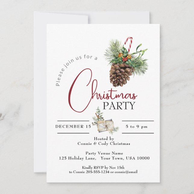 CHRISTMAS PARTY INVITATION, PINE CONE & CANDY CANE INVITATION (Front)