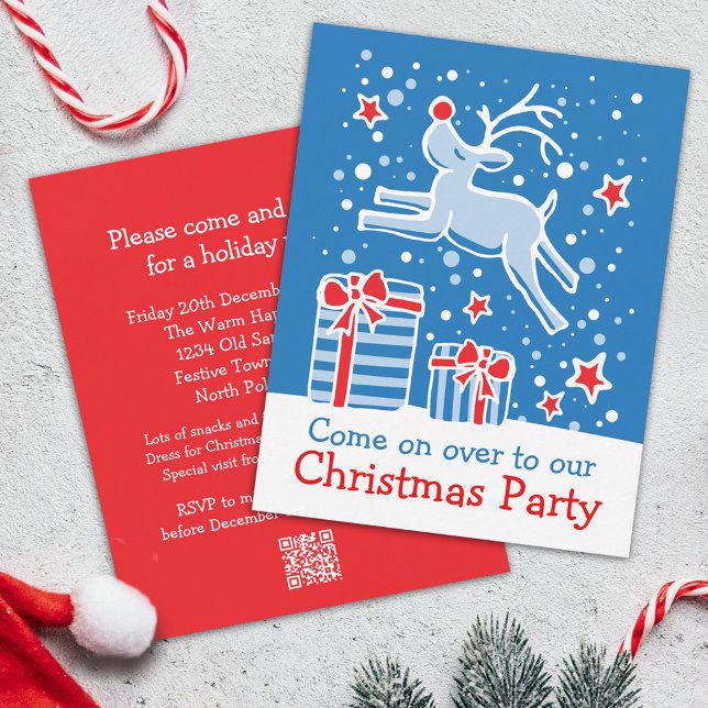 Christmas party invitation reindeer blue red (Creator Uploaded)