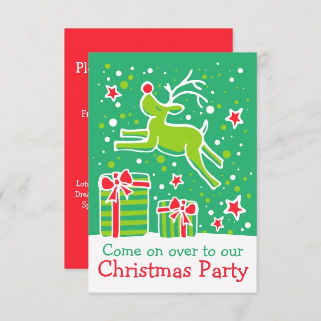 Christmas party invitation reindeer green red (Front/Back)
