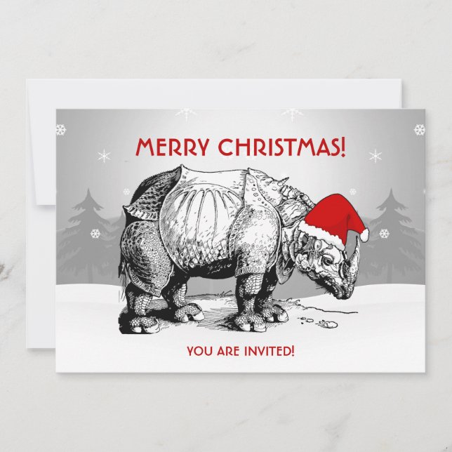 Christmas Party Invitation Rhino Santa Hat Funny (Front)