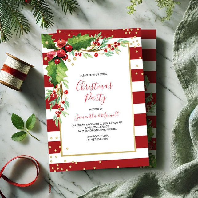 Christmas Party Invitation Templates Red Stripes (Xmas party invitation template red and green botanical design.)