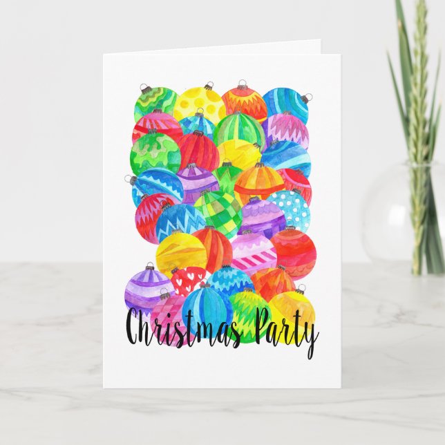 Christmas Party Invitation , watercolor baubles (Front)