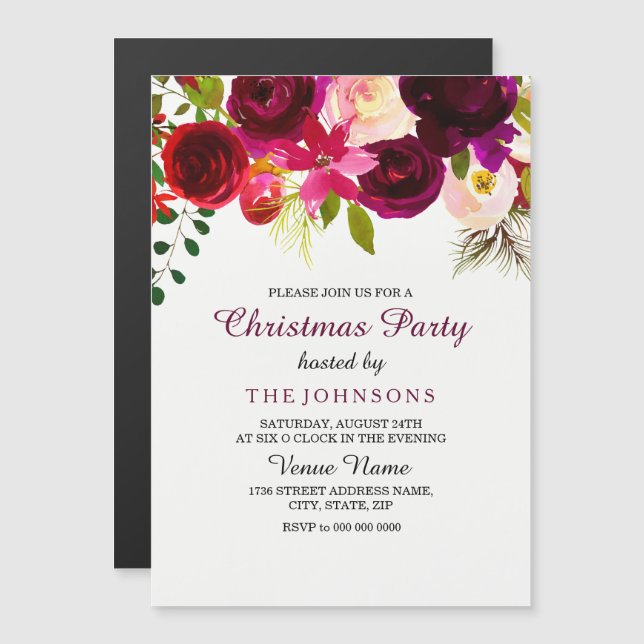 Christmas Party Invite: Burgundy Red Floral boho Magnetic Invitation (Front/Back)