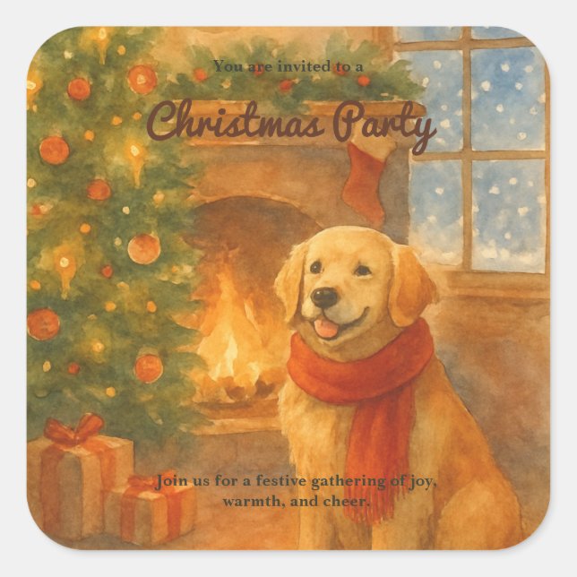 Christmas Party Invite · Cosy Dog Scene Square Sticker (Front)