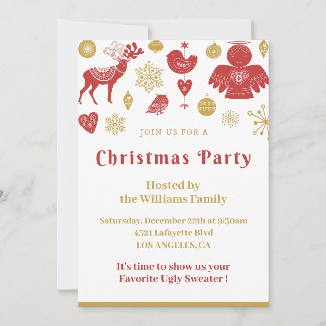 Christmas Party Invite Gold Red Nordic (Front)