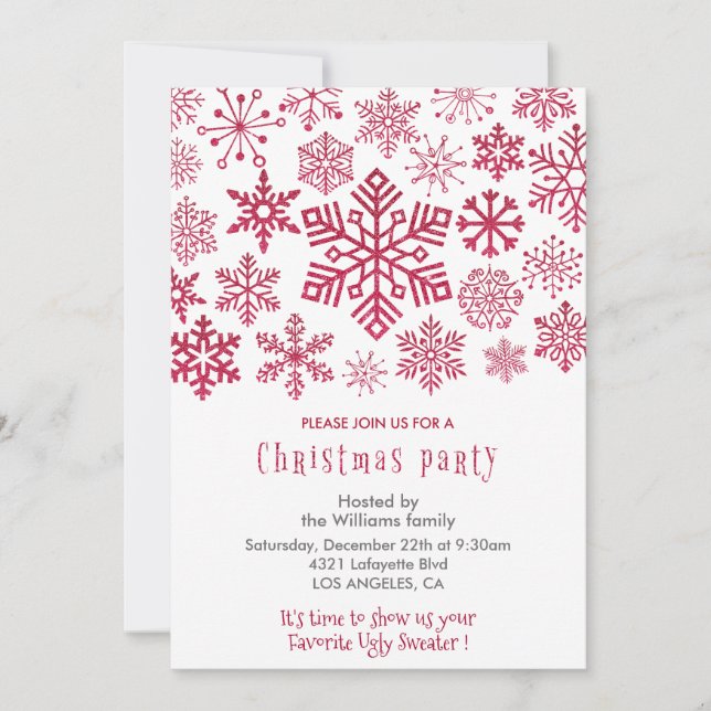 Christmas Party  Invite Snowflakes Red  (Front)
