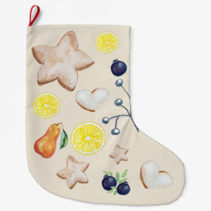 Christmas Party Lemon Ginger Bread Watercolor Large Christmas Stocking