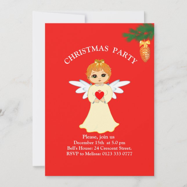 Christmas Party Little Angel on Red Invitation (Front)