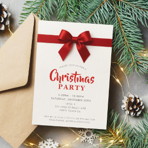 CHRISTMAS PARTY modern elegant red ribbon bow Holiday Card