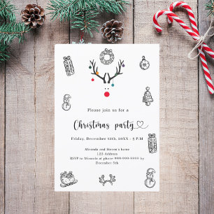 Christmas party modern funny reindeer doodles invitation