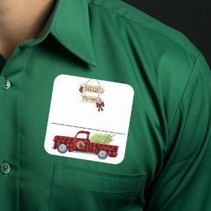 Christmas Party Name Tag Badge Plaid Truck