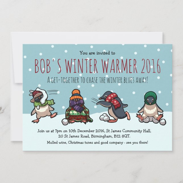 Christmas Party Penguin Snowball Fight Cartoon Invitation (Front)
