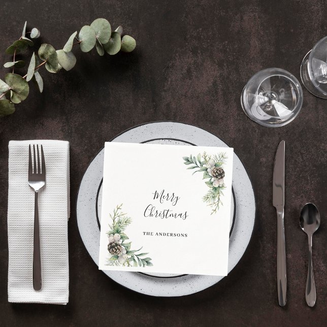 Christmas party pine cones white green napkin (Creator Uploaded)