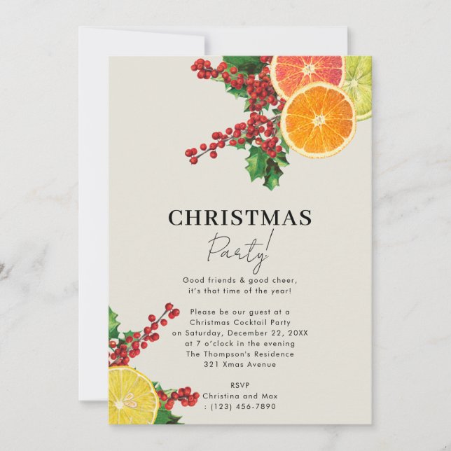 Christmas Party Pines & Citrus Winter Botanical Invitation (Front)