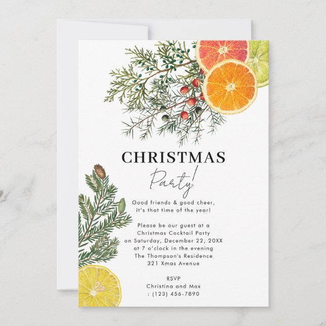 Christmas Party Pines & Citrus Winter Botanical Invitation (Front)