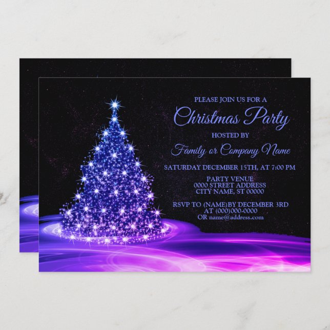 Christmas Party Pink Blue Shiny Tree Winter Black Invitation (Front/Back)