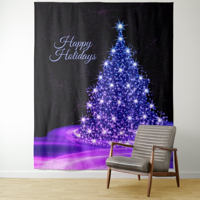 Christmas Party Pink Blue Tree Winter Black Rustic Tapestry (In Situ)