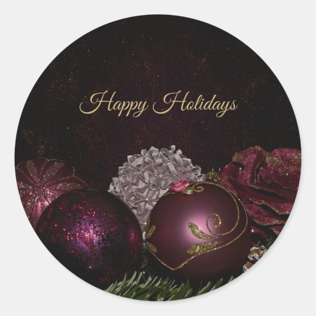 Christmas Party Pink Ornament Green Leaves Black Classic Round Sticker (Front)