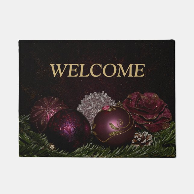 Christmas Party Pink Ornament Green Leaves Black Doormat (Front)