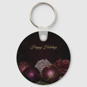 Christmas Party Pink Ornament Green Leaves Black Key Ring