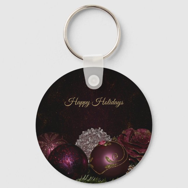 Christmas Party Pink Ornament Green Leaves Black Key Ring (Front)