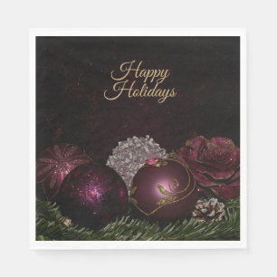 Christmas Party Pink Ornament Green Leaves Black Napkin