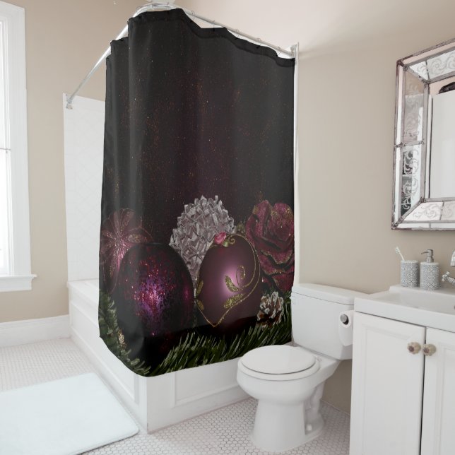 Christmas Party Pink Ornament Green Leaves Black Shower Curtain (In Situ)