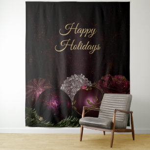 Christmas Party Pink Ornament Green Leaves Black Tapestry