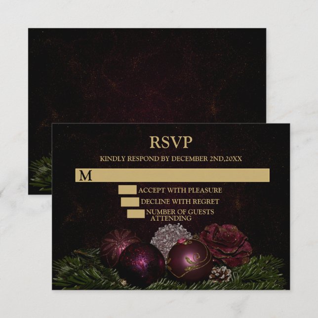 Christmas Party Pink Ornaments Green Leaves Black RSVP Card (Front/Back)