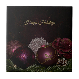 Christmas Party Pink Ornaments Green Leaves Black Tile