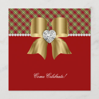 Christmas Party Plaid Red Green Jewel Bow Invite