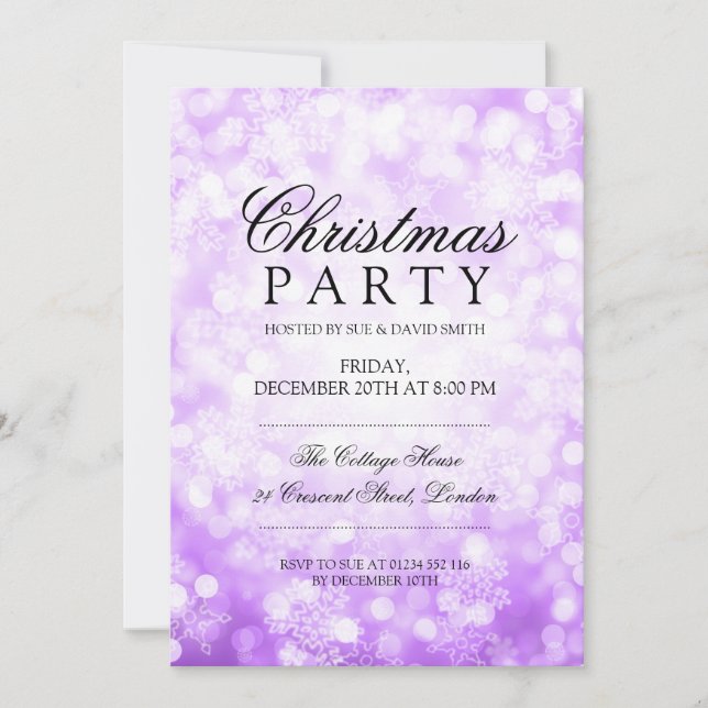 Christmas Party Purple Sparkling Snowflake Lights Invitation (Front)
