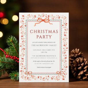Christmas Party Red Bow Botanical Holiday Invitation