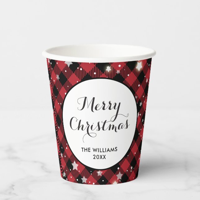 Christmas Party Red Buffalo Plaid Paper Cups (Front)