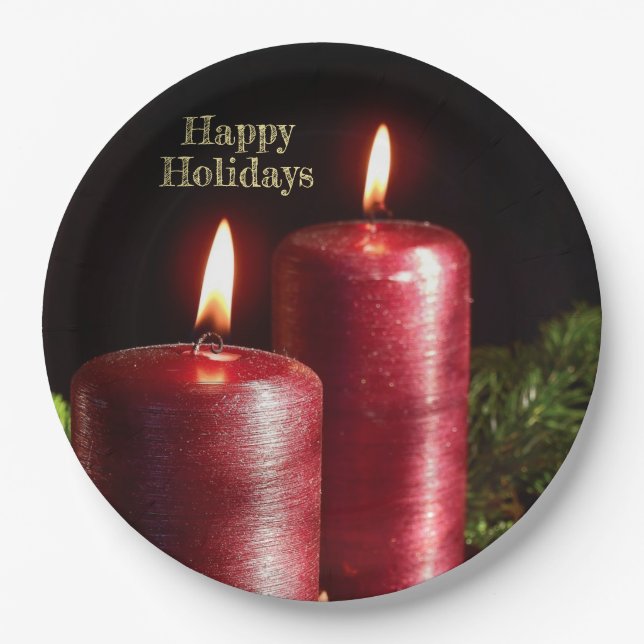  Christmas Party Red Candles Winter Holidays Paper Plate (Front)