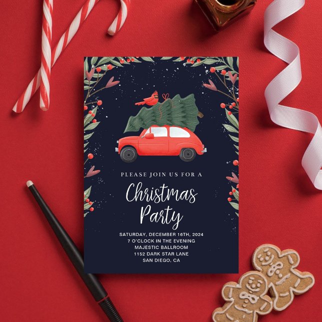 Christmas Party Red Car & Green Pine Snowy Invitation (Creator Uploaded)
