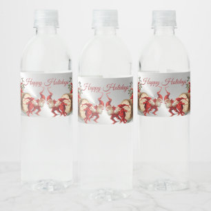 Christmas Party Red Elves Holidays Silver Water Bottle Label