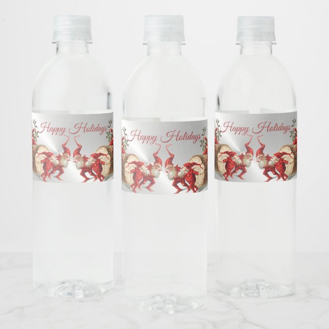 Christmas Party Red Elves Holidays Silver  Water Bottle Label (Bottles)