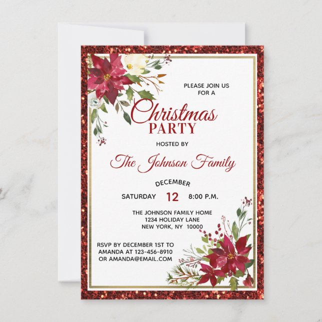 CHRISTMAS PARTY Red Glitter Floral Poinsettia Invitation (Front)