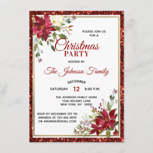 CHRISTMAS PARTY Red Glitter Floral Poinsettia Invitation