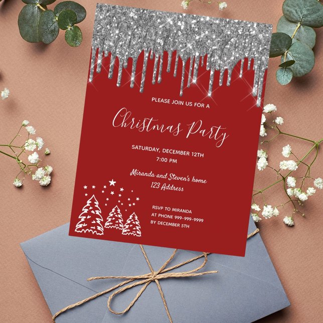 Christmas party red glitter silver invitation postcard (Creator Uploaded)