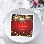 Christmas party red gold baubles dinner napkin<br><div class="desc">A red background,  white text. Decorated with 3 faux gold baubles and gold stars. Text: Merry Christmas.  Personalise and add your family name and year.</div>