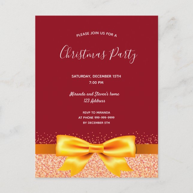 Christmas party red gold bow invitation postcard (Front)