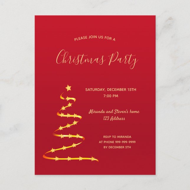 Christmas party red gold modern tree invitation postcard (Front)